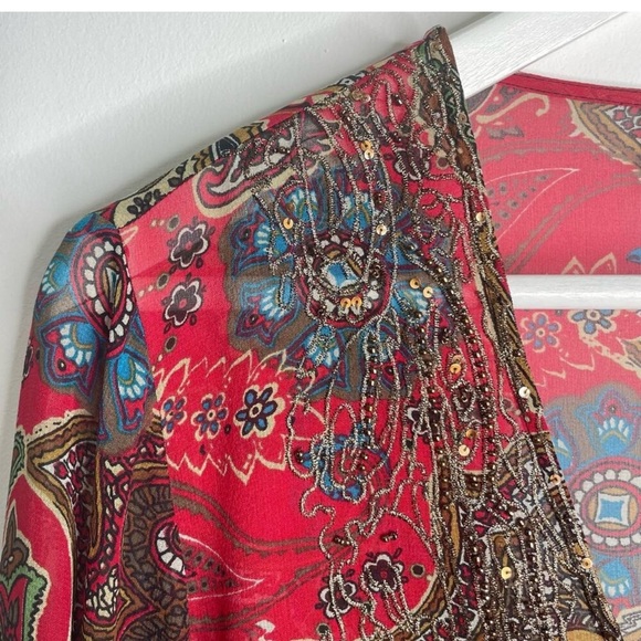 CHICO'S Silk Red Brown Paisley Print Beaded Embellished V-Neck Tunic Blouse Sz S - Picture 2 of 5